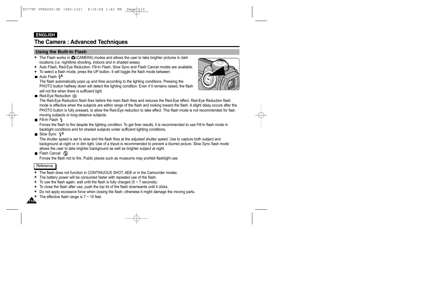 Using the built-in flash, The camera : advanced techniques | Samsung SC-D5000-XAC User Manual | Page 110 / 166