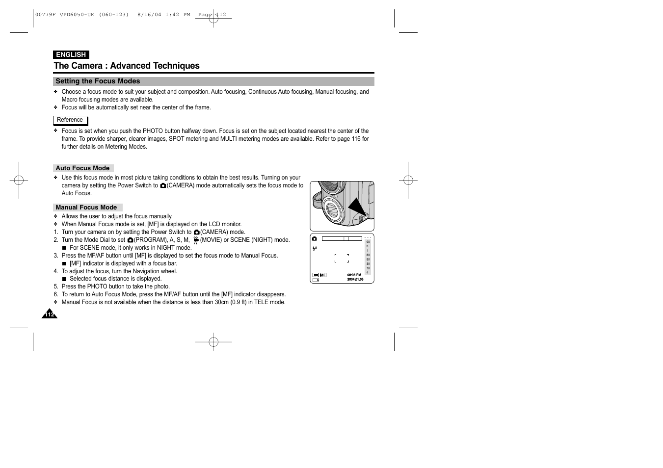 Setting the focus modes, Auto focus mode, Manual focus mode | The camera : advanced techniques | Samsung SC-D5000-XAC User Manual | Page 112 / 166