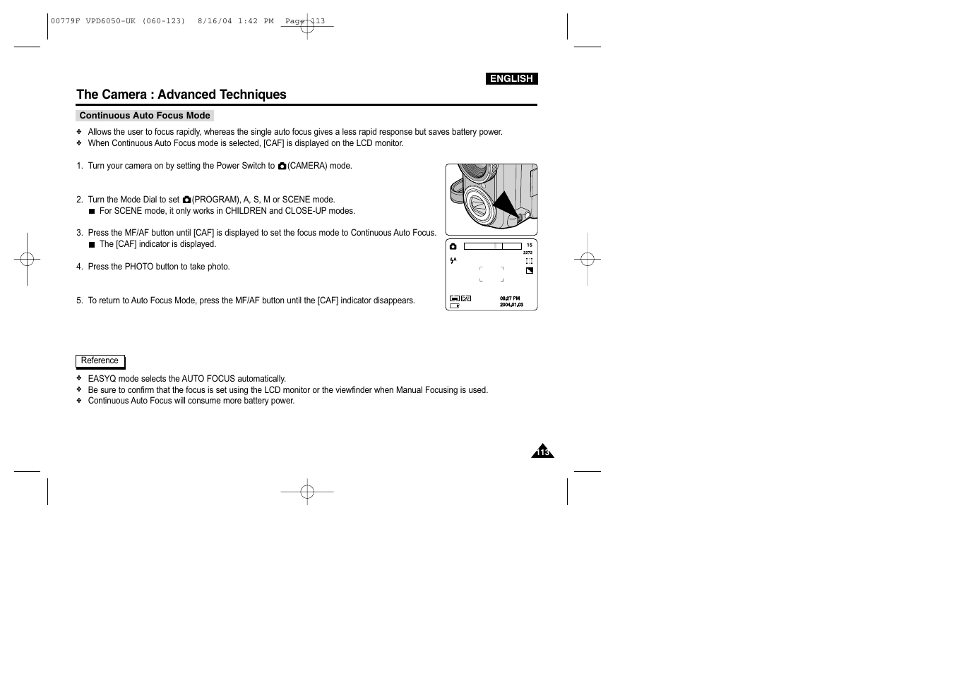Continuous auto focus mode, The camera : advanced techniques | Samsung SC-D5000-XAC User Manual | Page 113 / 166