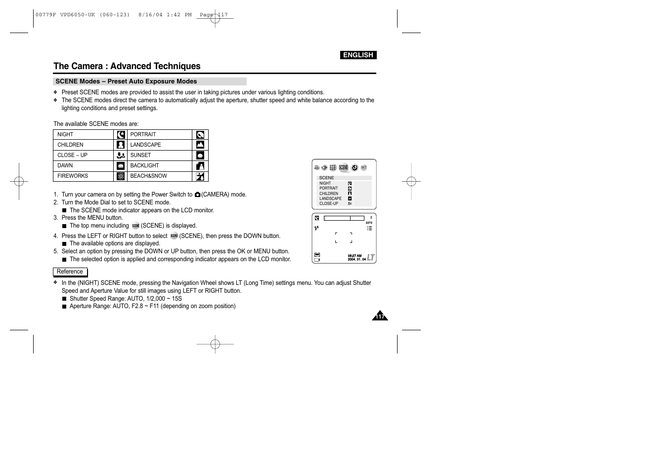 Scene modes – preset auto exposure modes, The camera : advanced techniques | Samsung SC-D5000-XAC User Manual | Page 117 / 166