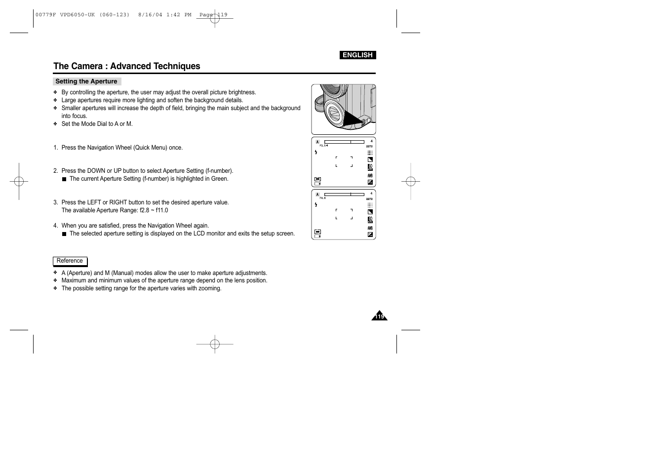 Setting the aperture, The camera : advanced techniques | Samsung SC-D5000-XAC User Manual | Page 119 / 166