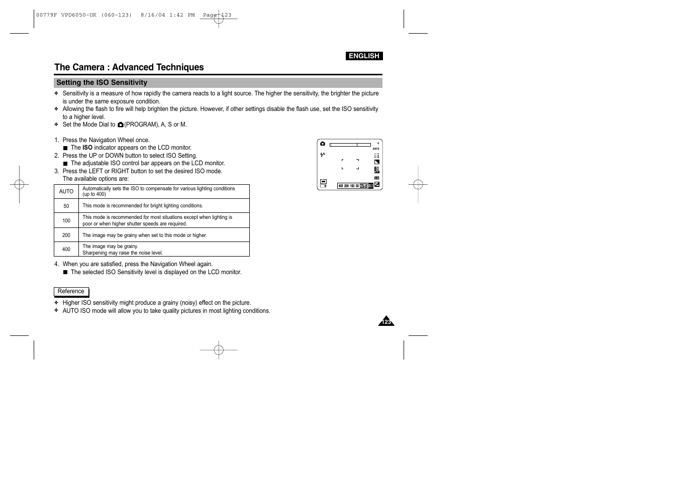 Setting the iso sensitivity, The camera : advanced techniques | Samsung SC-D5000-XAC User Manual | Page 123 / 166