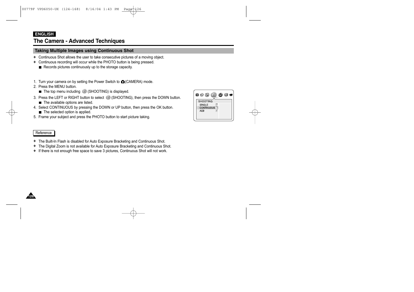 Taking multiple images using continuous shot, The camera - advanced techniques | Samsung SC-D5000-XAC User Manual | Page 126 / 166