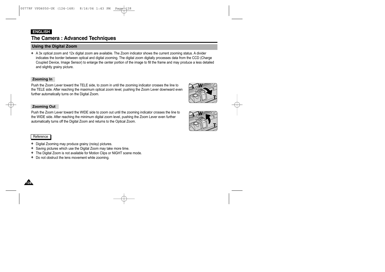 Using the digital zoom, The camera : advanced techniques | Samsung SC-D5000-XAC User Manual | Page 128 / 166