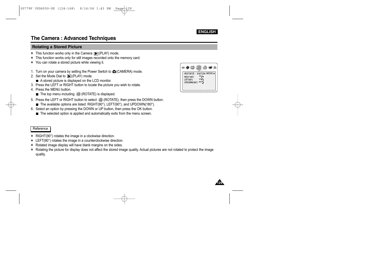 Rotating a stored picture, The camera : advanced techniques | Samsung SC-D5000-XAC User Manual | Page 129 / 166