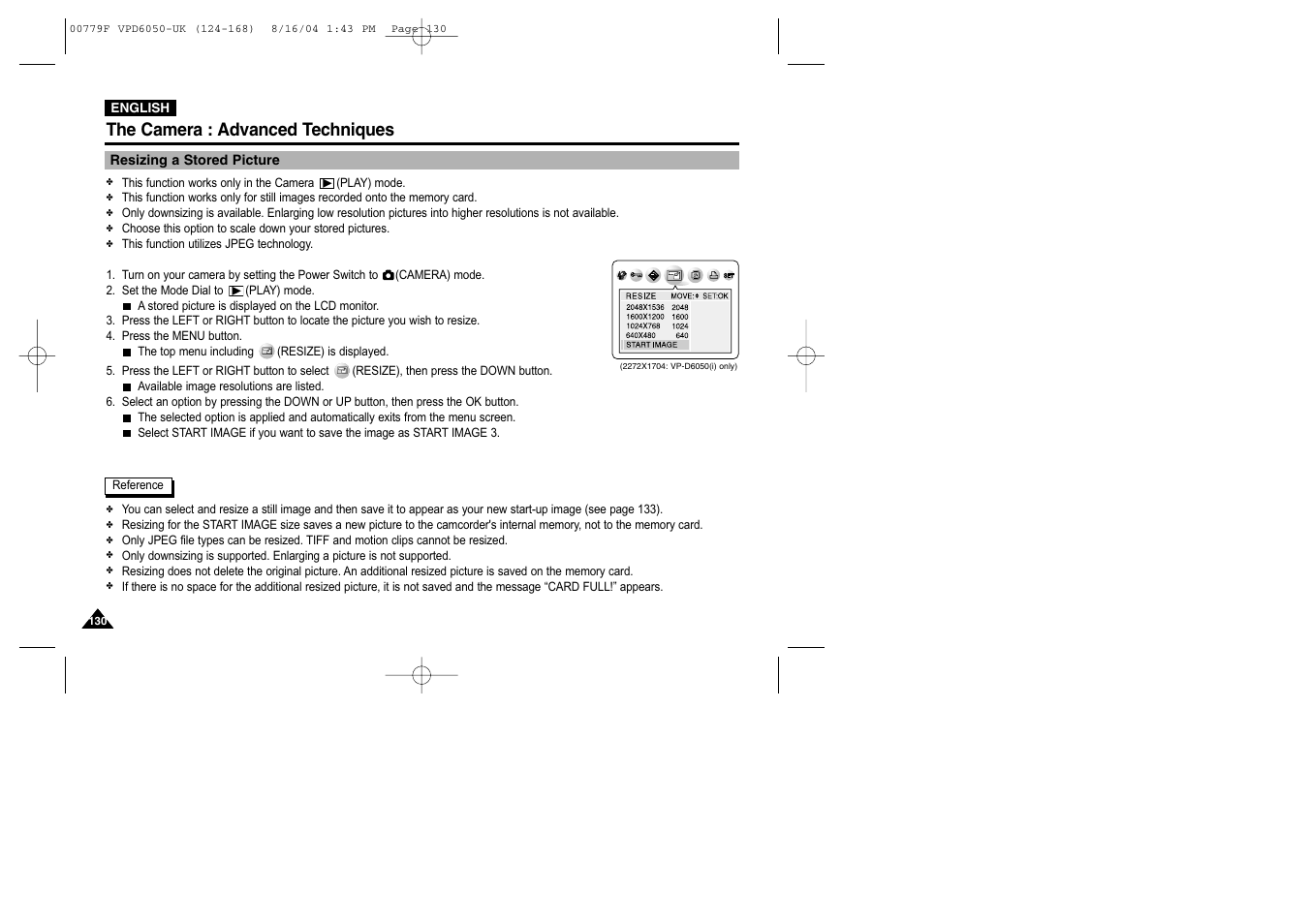 Resizing a stored picture, The camera : advanced techniques | Samsung SC-D5000-XAC User Manual | Page 130 / 166