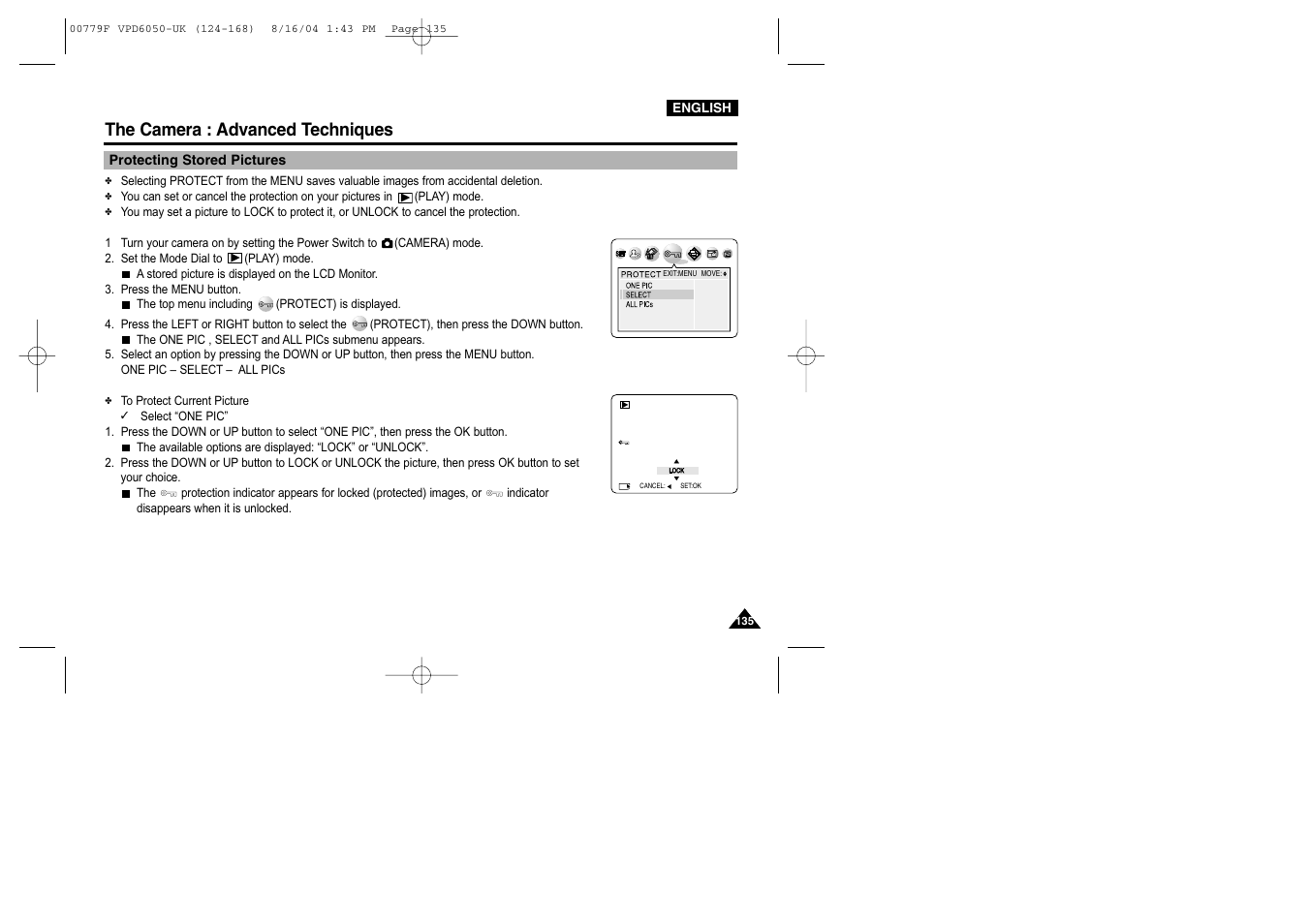 Protecting stored pictures, The camera : advanced techniques | Samsung SC-D5000-XAC User Manual | Page 135 / 166