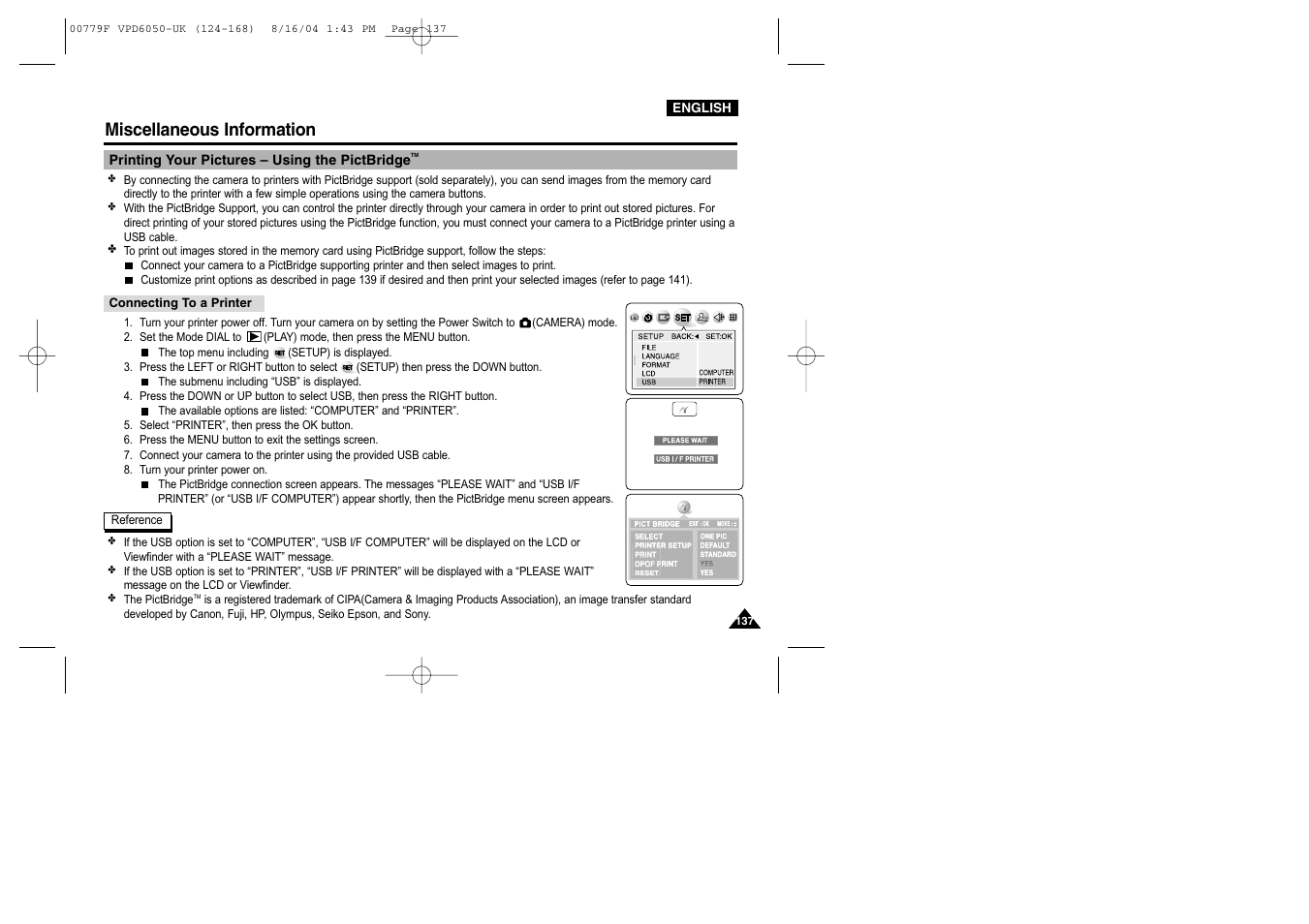 Miscellaneous information, Printing your pictures – using the pictbridge | Samsung SC-D5000-XAC User Manual | Page 137 / 166