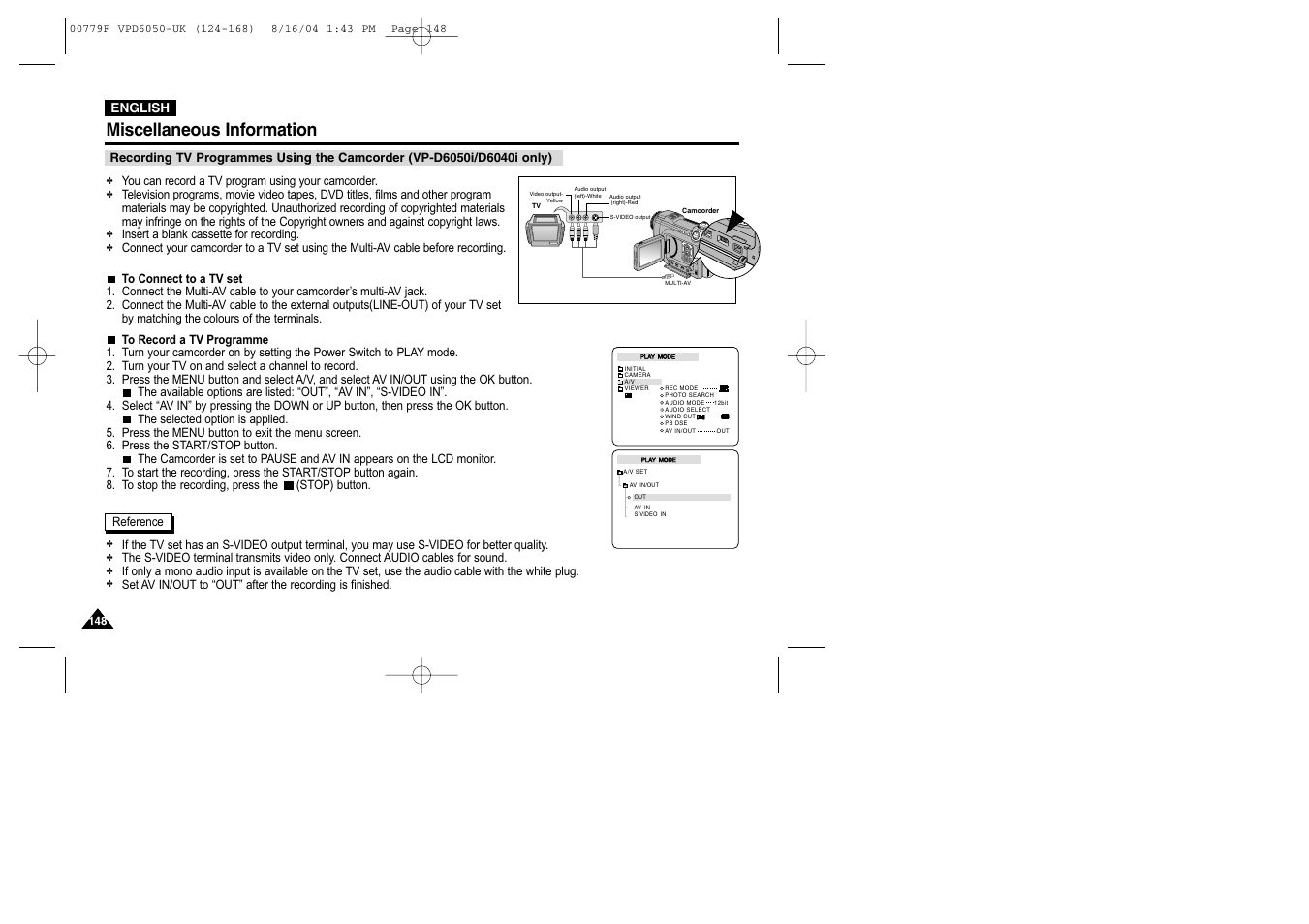 Miscellaneous information | Samsung SC-D5000-XAC User Manual | Page 148 / 166