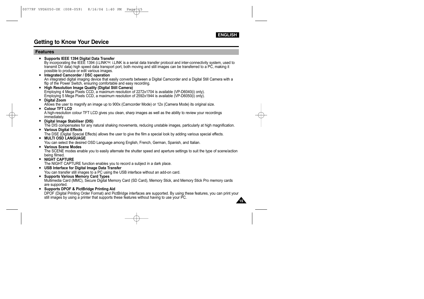 Getting to know your device, Features | Samsung SC-D5000-XAC User Manual | Page 15 / 166