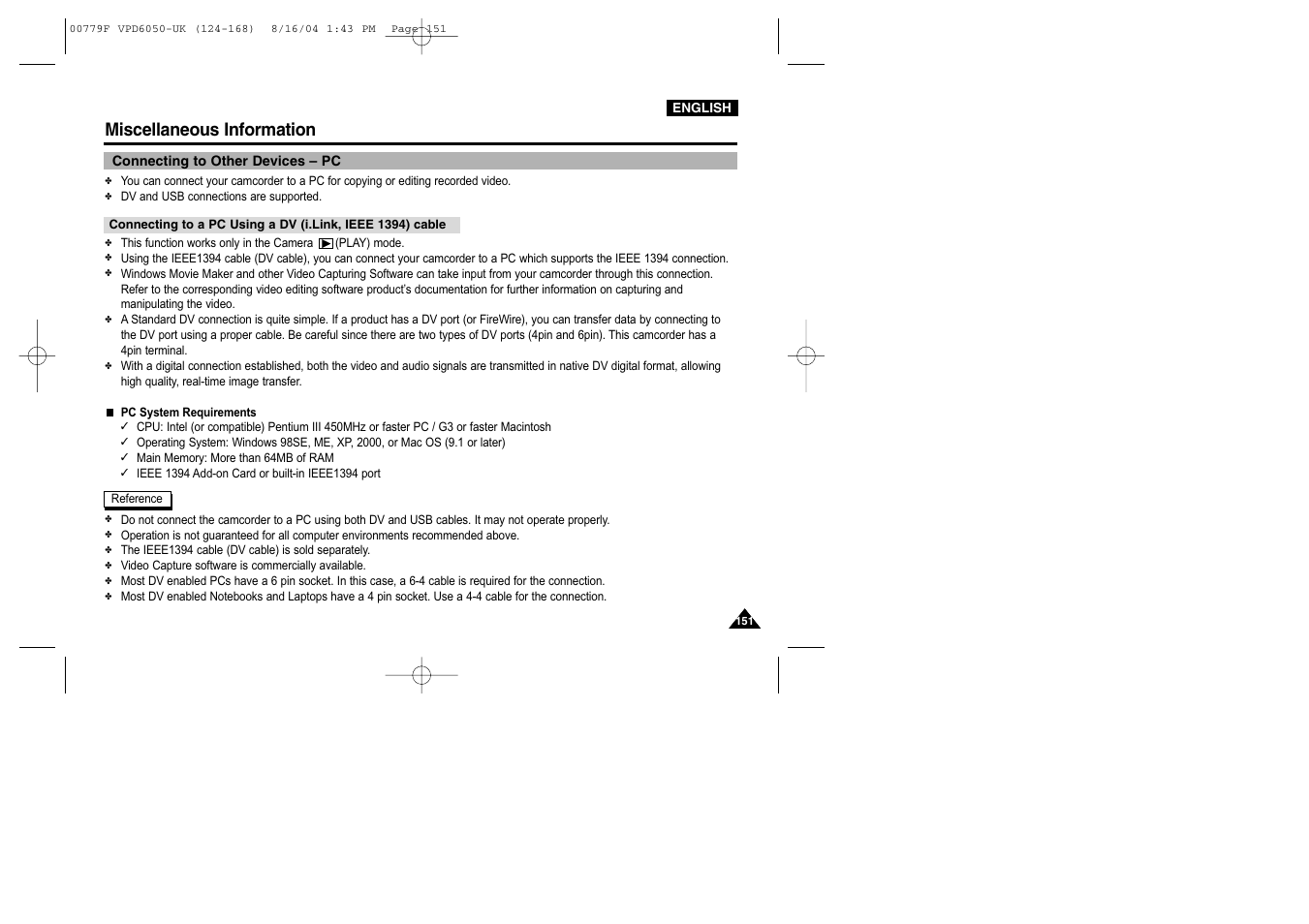 Connecting to other devices – pc, Miscellaneous information | Samsung SC-D5000-XAC User Manual | Page 151 / 166