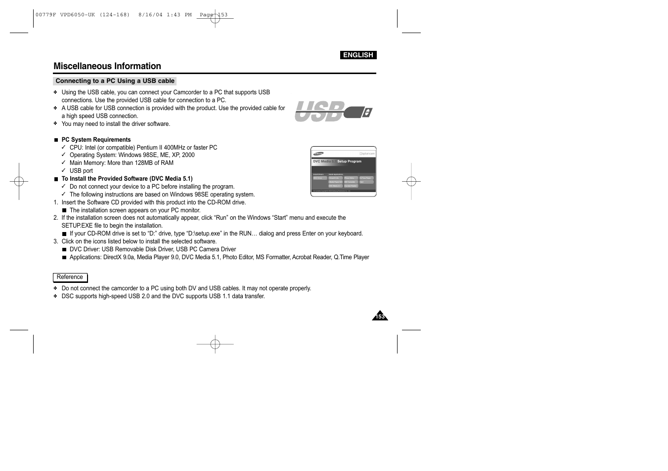 Connecting to a pc using a usb cable, Miscellaneous information | Samsung SC-D5000-XAC User Manual | Page 153 / 166