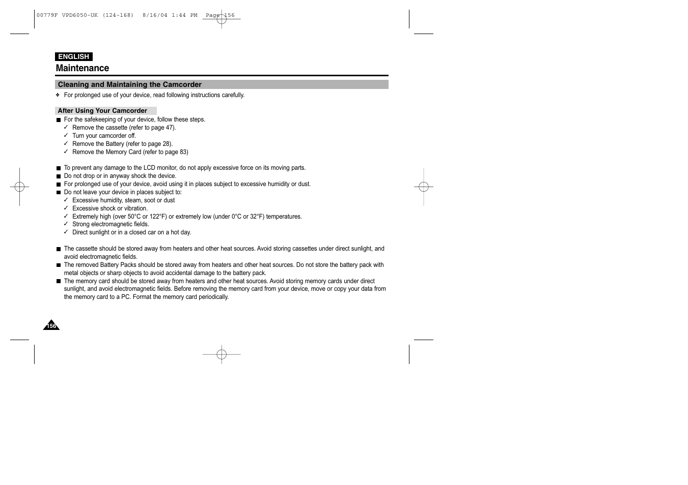 Maintenance, Cleaning and maintaining the camcorder, After using your camcorder | Samsung SC-D5000-XAC User Manual | Page 156 / 166