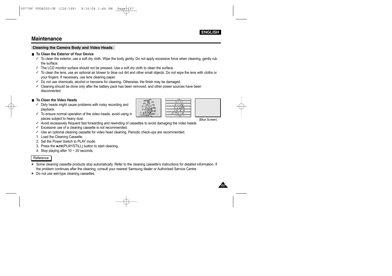 Cleaning the camera body and video heads, Maintenance | Samsung SC-D5000-XAC User Manual | Page 157 / 166