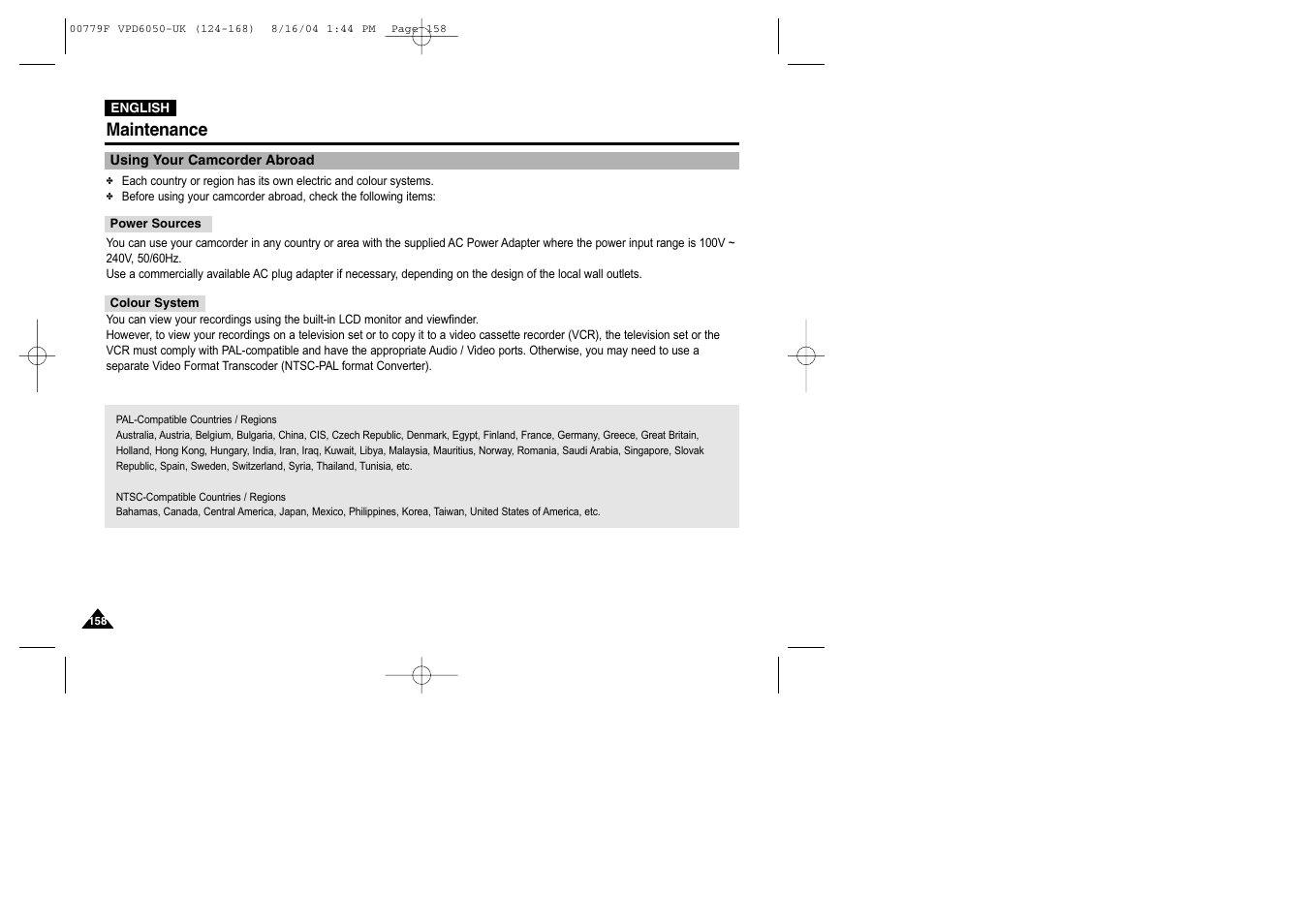 Using your camcorder abroad, Maintenance | Samsung SC-D5000-XAC User Manual | Page 158 / 166