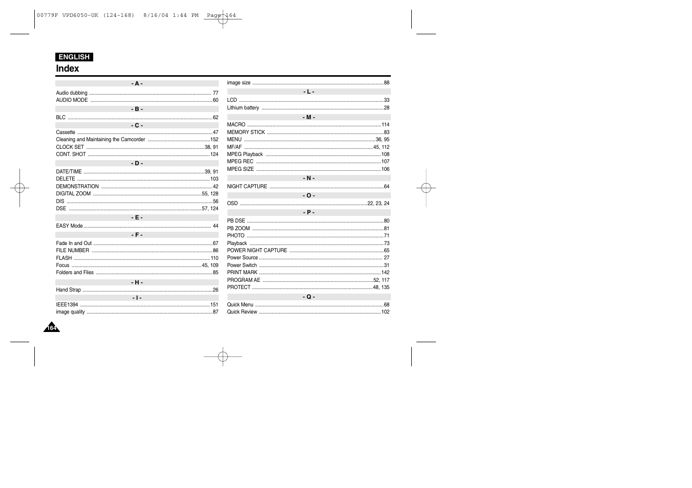 Index | Samsung SC-D5000-XAC User Manual | Page 164 / 166
