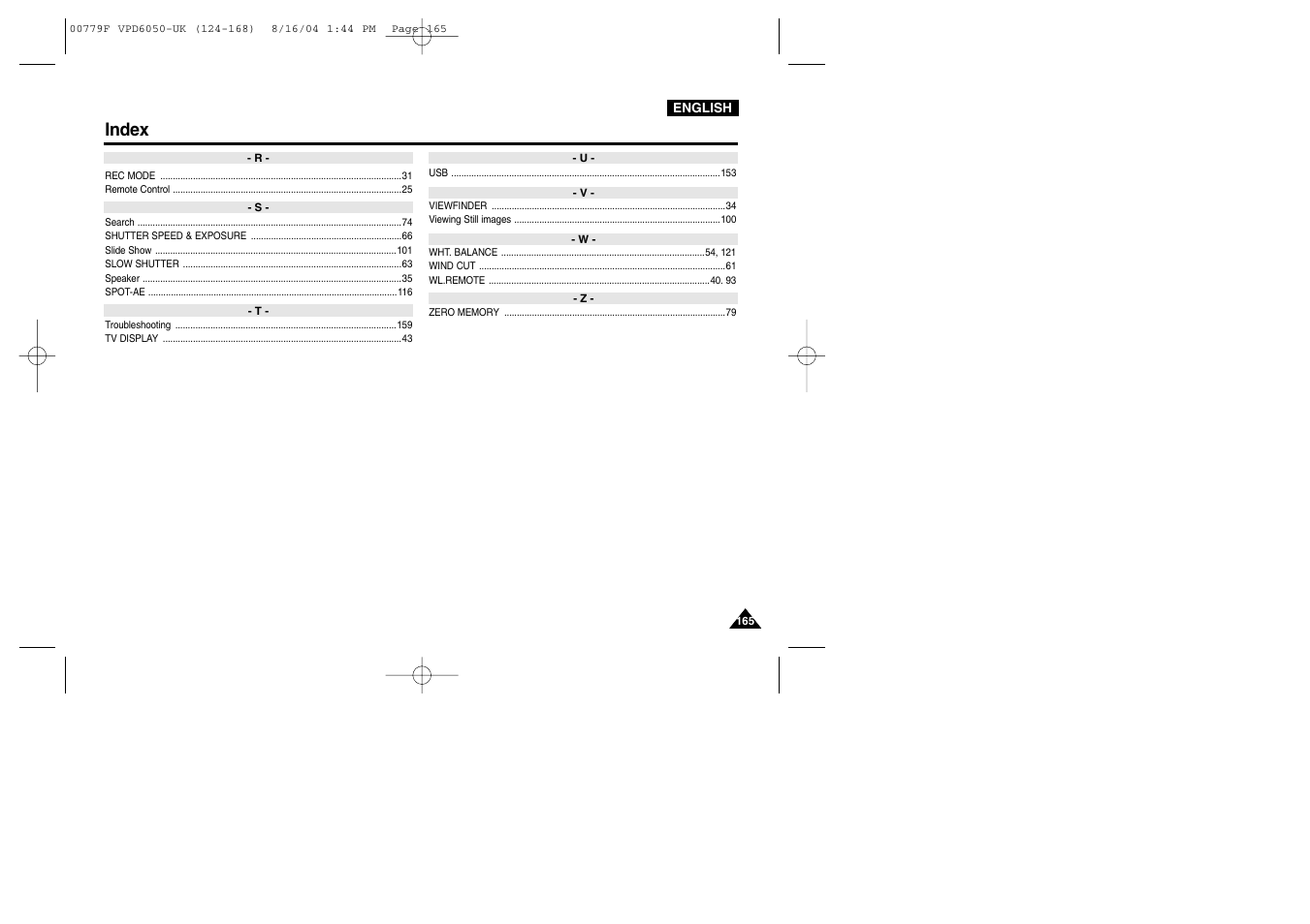 Index | Samsung SC-D5000-XAC User Manual | Page 165 / 166