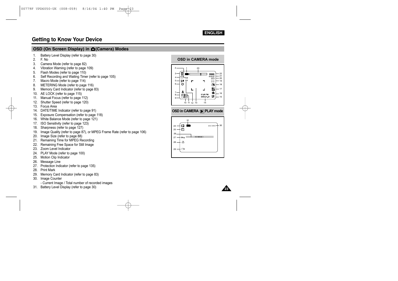 Osd (on screen display) in (camera) modes, Getting to know your device | Samsung SC-D5000-XAC User Manual | Page 23 / 166