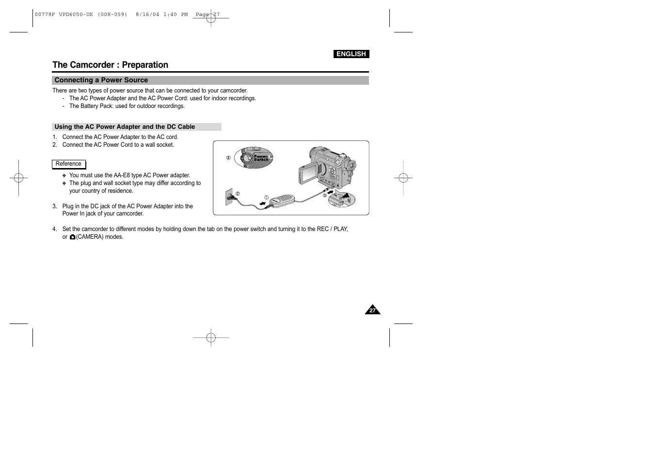 Connecting a power source, Using the ac power adapter and the dc cable, The camcorder : preparation | Samsung SC-D5000-XAC User Manual | Page 27 / 166