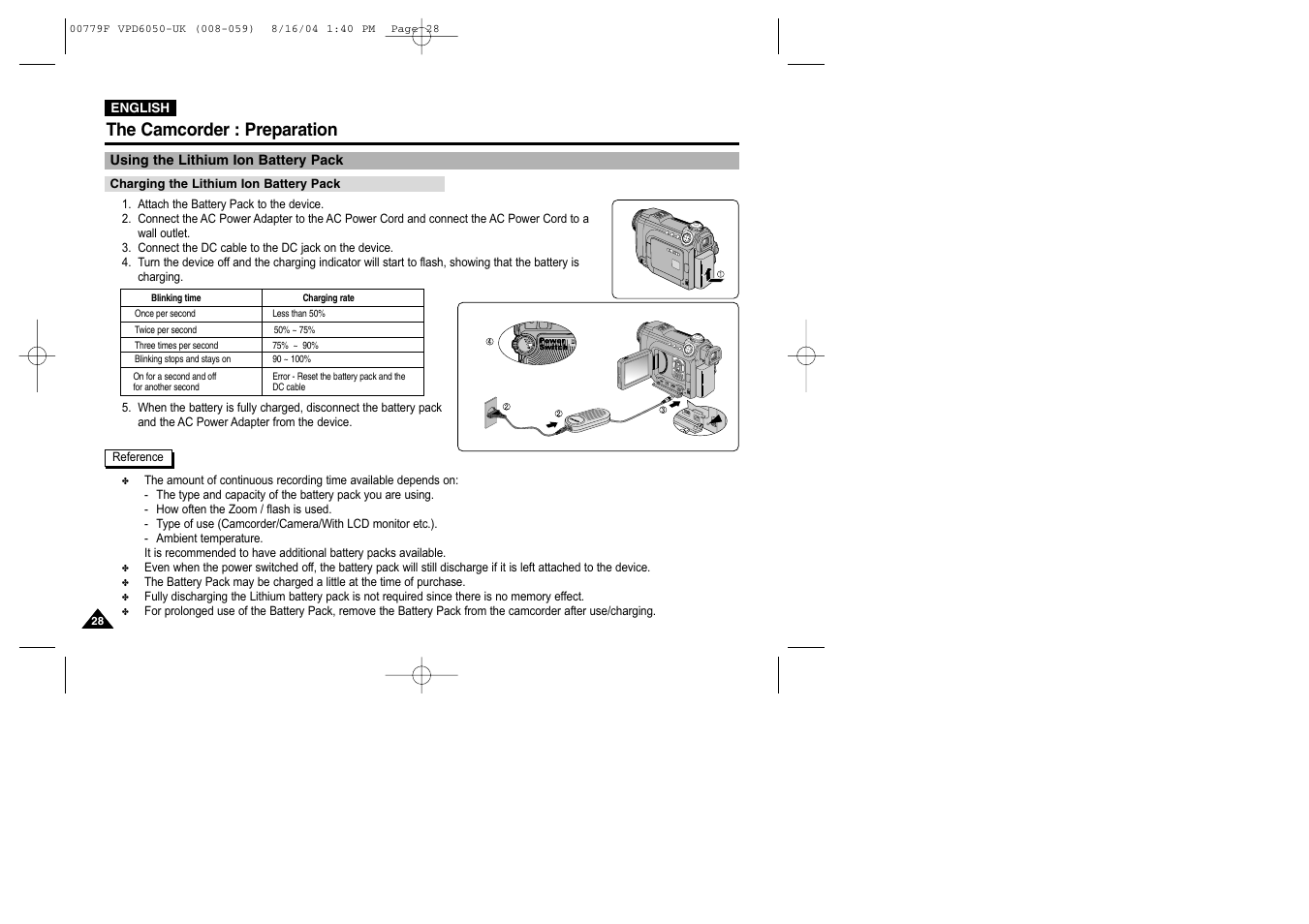 Using the lithium ion battery pack, Charging the lithium ion battery pack, The camcorder : preparation | Samsung SC-D5000-XAC User Manual | Page 28 / 166