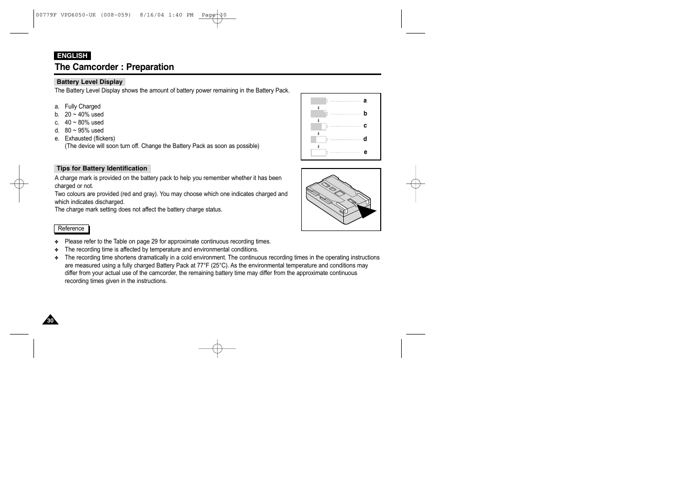 Battery level display, The camcorder : preparation | Samsung SC-D5000-XAC User Manual | Page 30 / 166