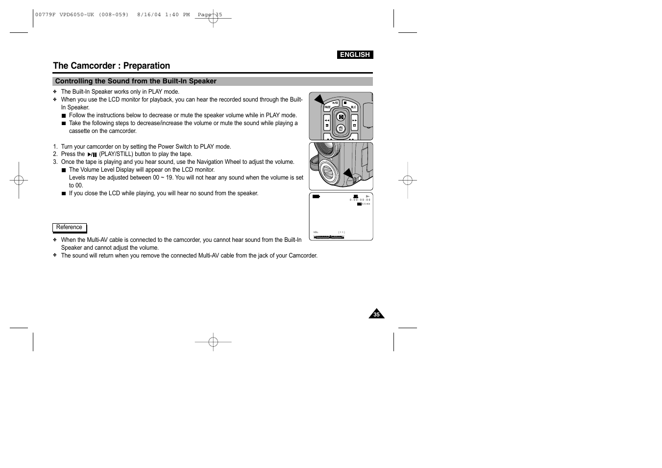 Controlling the sound from the built-in speaker, The camcorder : preparation | Samsung SC-D5000-XAC User Manual | Page 35 / 166