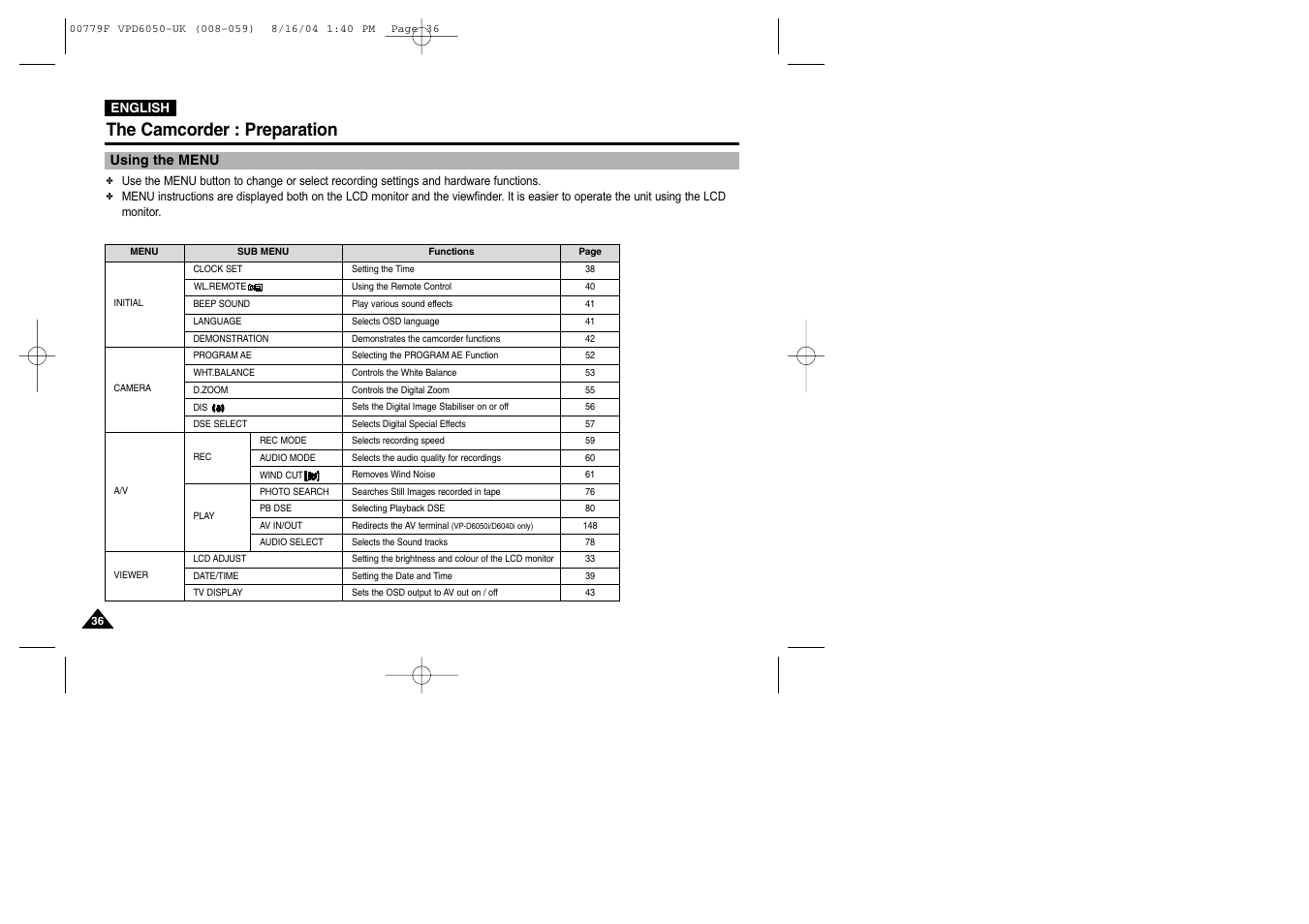 Using the menu, The camcorder : preparation | Samsung SC-D5000-XAC User Manual | Page 36 / 166