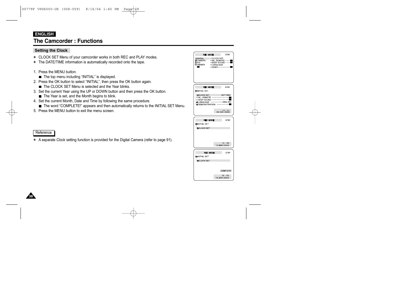 The camcorder : functions, Setting the clock | Samsung SC-D5000-XAC User Manual | Page 38 / 166