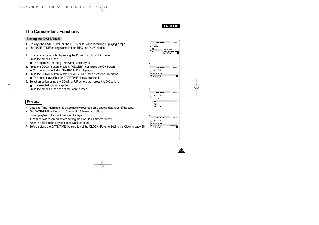 Setting the date/time, The camcorder : functions | Samsung SC-D5000-XAC User Manual | Page 39 / 166