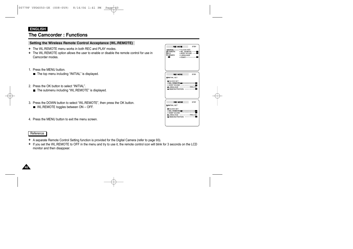 The camcorder : functions | Samsung SC-D5000-XAC User Manual | Page 40 / 166