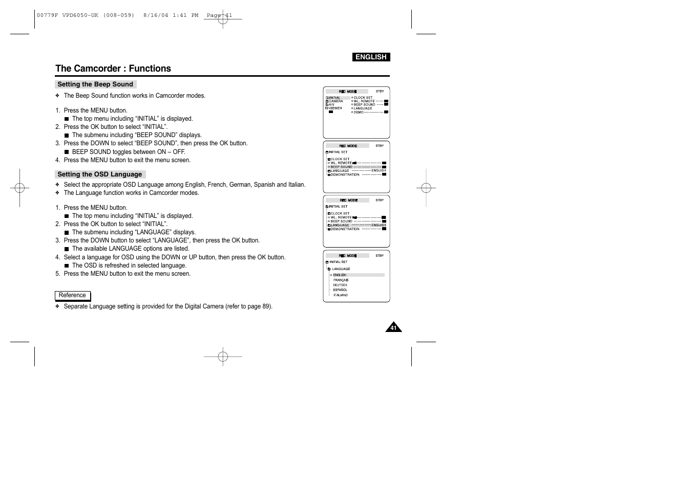 Setting the beep sound, Setting the osd language, The camcorder : functions | Samsung SC-D5000-XAC User Manual | Page 41 / 166