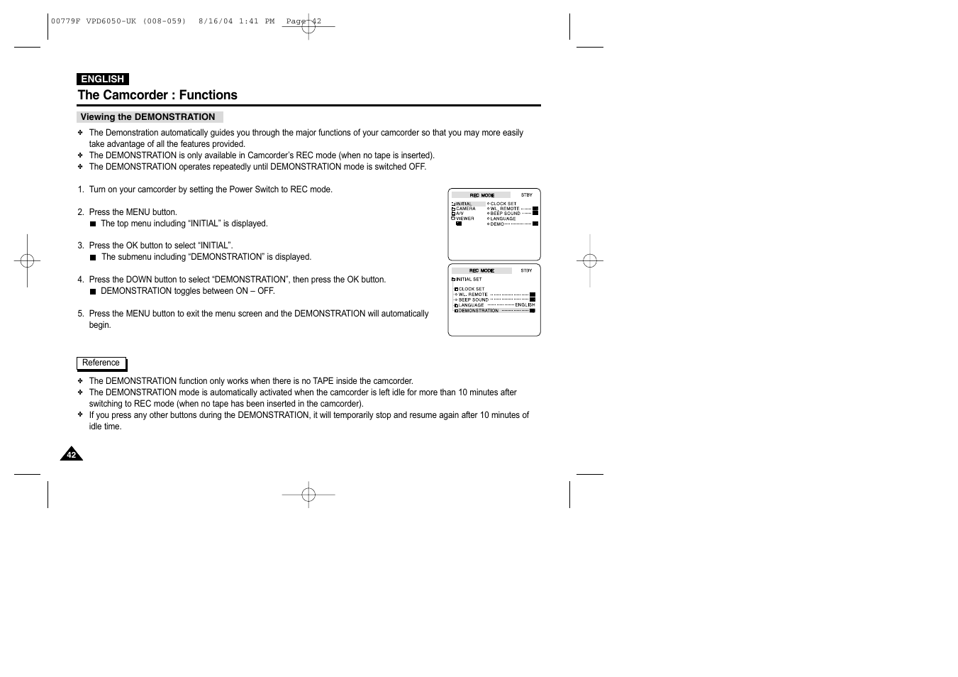 Viewing the demonstration, The camcorder : functions | Samsung SC-D5000-XAC User Manual | Page 42 / 166