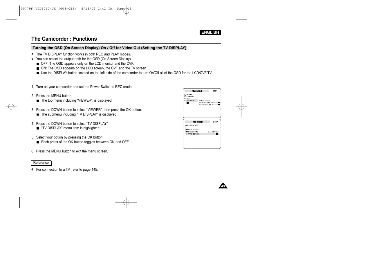 The camcorder : functions | Samsung SC-D5000-XAC User Manual | Page 43 / 166