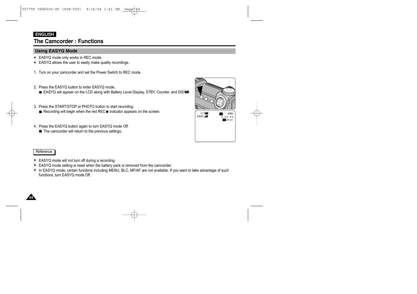 Using easyq mode, The camcorder : functions | Samsung SC-D5000-XAC User Manual | Page 44 / 166