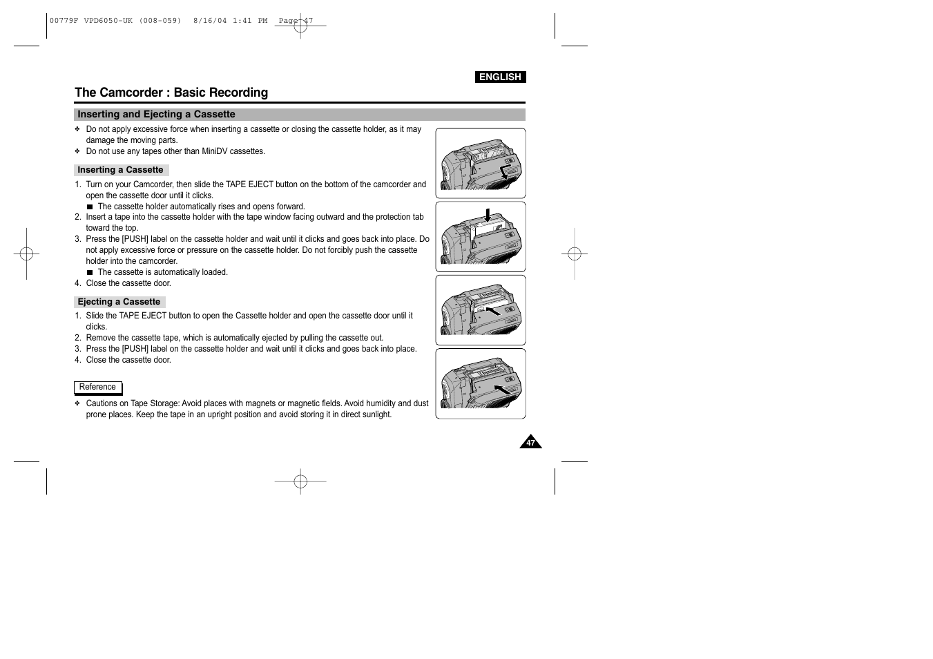 The camcorder : basic recording, Inserting and ejecting a cassette, Inserting a cassette | Ejecting a cassette | Samsung SC-D5000-XAC User Manual | Page 47 / 166