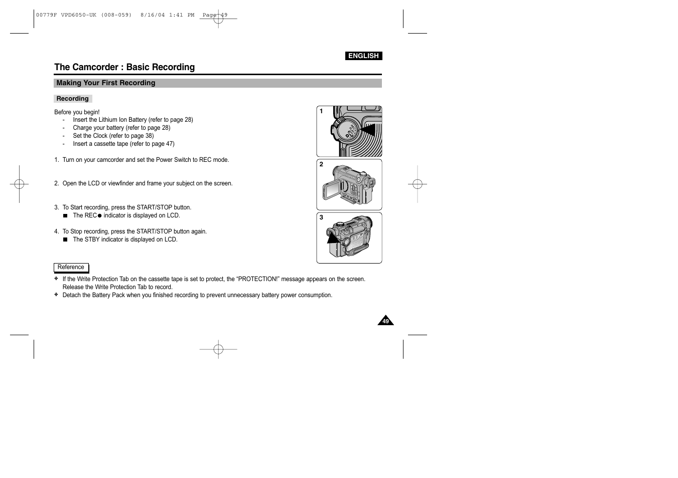 Making your first recording, Recording video, The camcorder : basic recording | Samsung SC-D5000-XAC User Manual | Page 49 / 166