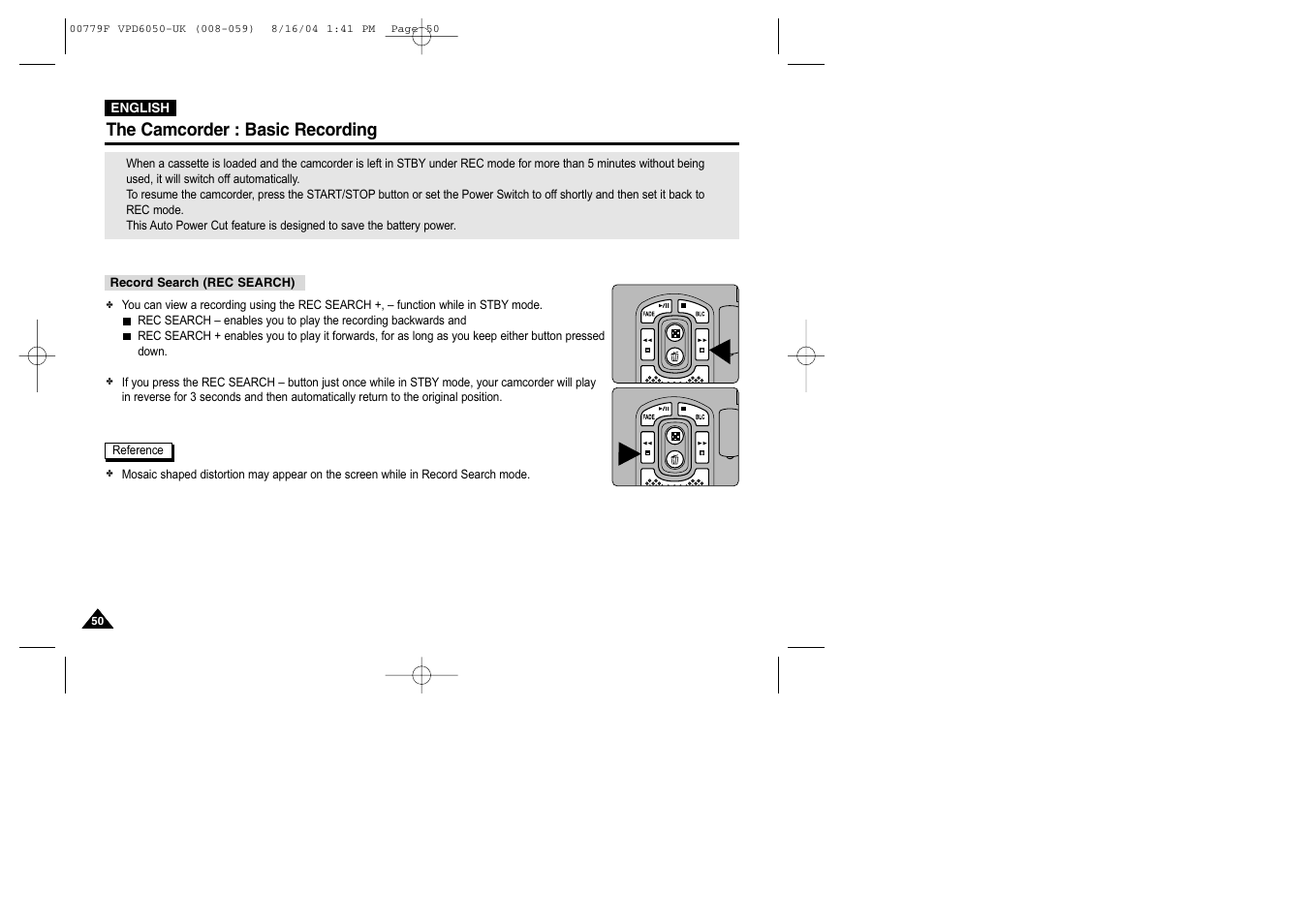 Record search (rec search), The camcorder : basic recording | Samsung SC-D5000-XAC User Manual | Page 50 / 166