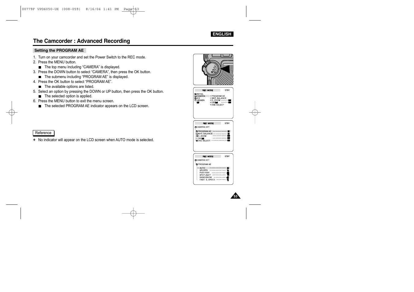 Setting the program ae, The camcorder : advanced recording | Samsung SC-D5000-XAC User Manual | Page 53 / 166