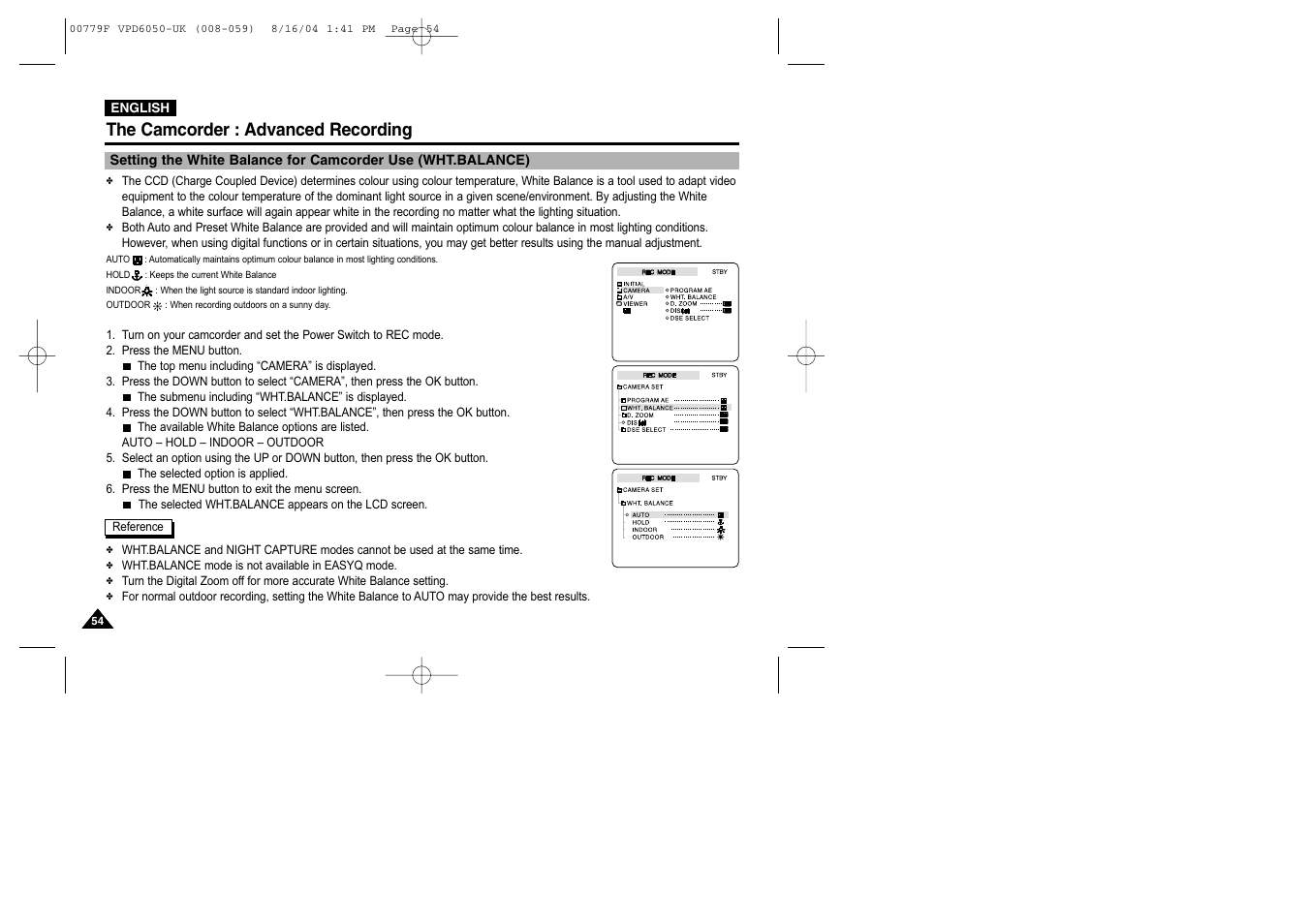 The camcorder : advanced recording | Samsung SC-D5000-XAC User Manual | Page 54 / 166