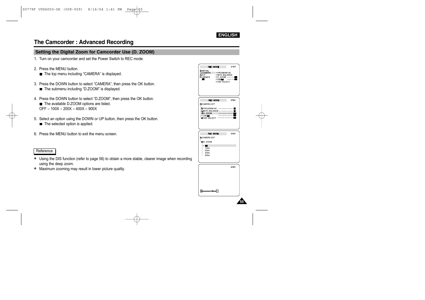 The camcorder : advanced recording | Samsung SC-D5000-XAC User Manual | Page 55 / 166