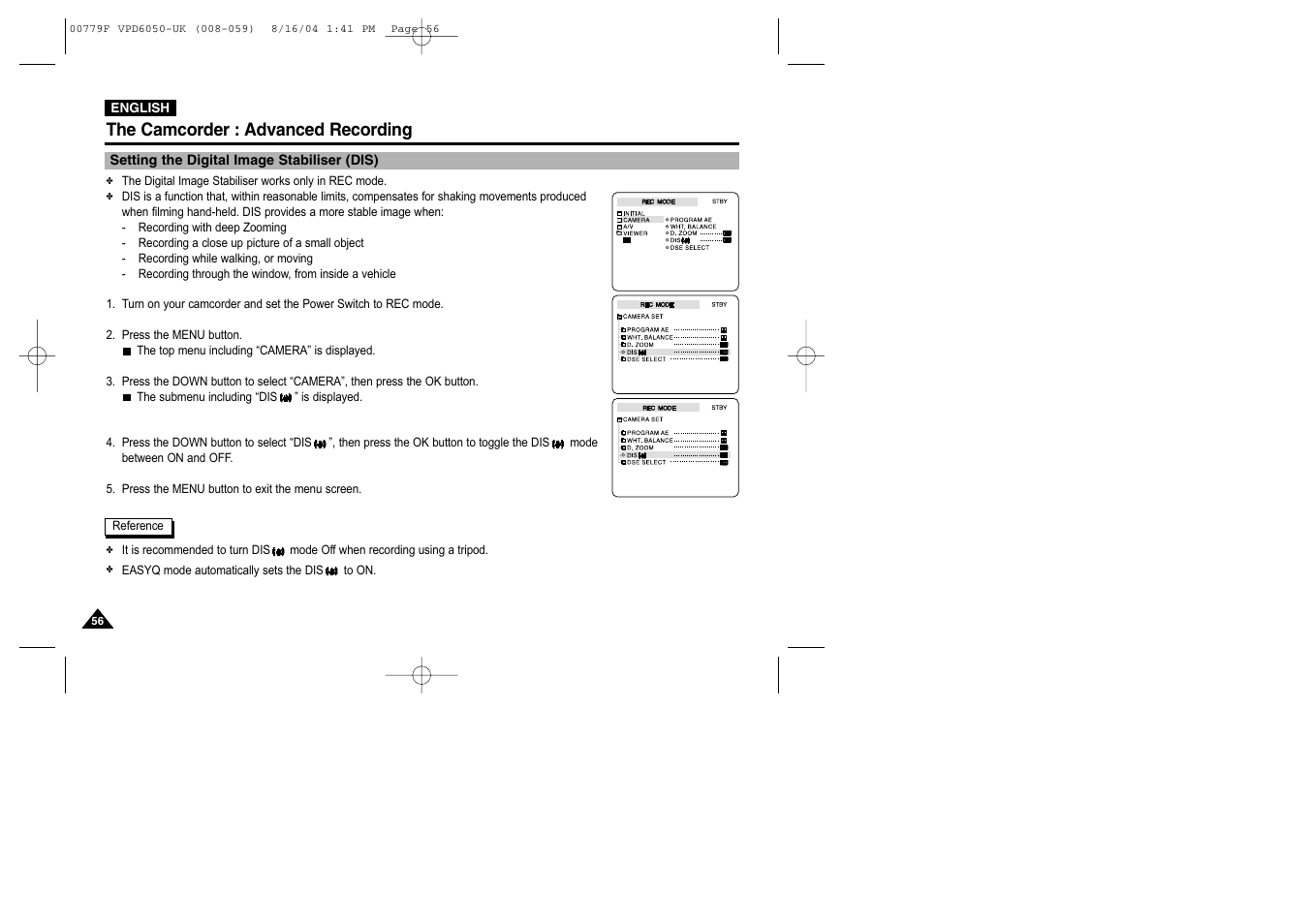 Setting the digital image stabiliser (dis), The camcorder : advanced recording | Samsung SC-D5000-XAC User Manual | Page 56 / 166