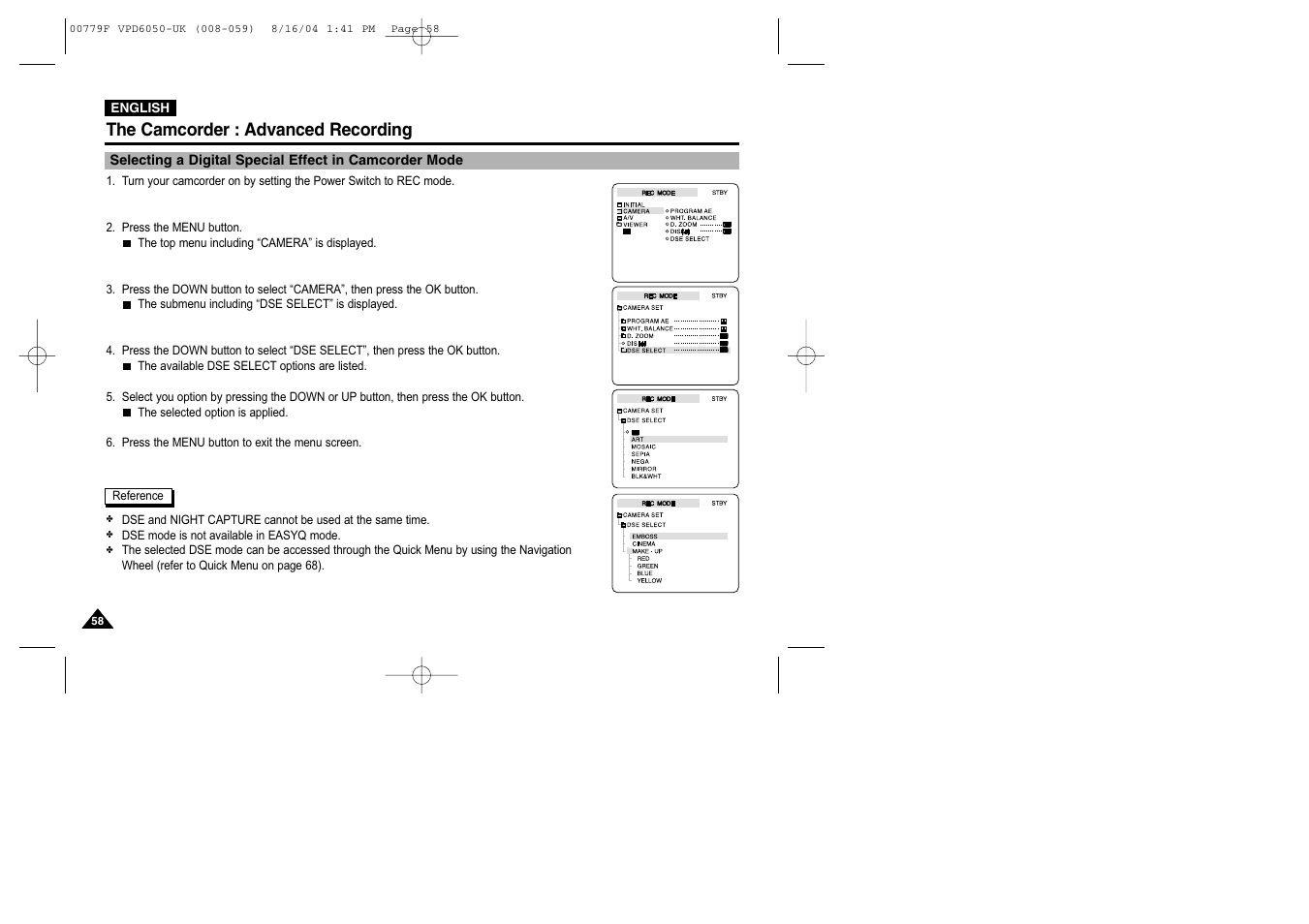 The camcorder : advanced recording | Samsung SC-D5000-XAC User Manual | Page 58 / 166