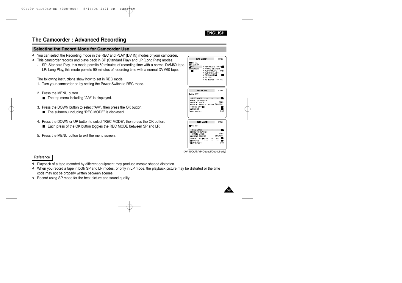 Selecting the record mode for camcorder use, The camcorder : advanced recording | Samsung SC-D5000-XAC User Manual | Page 59 / 166
