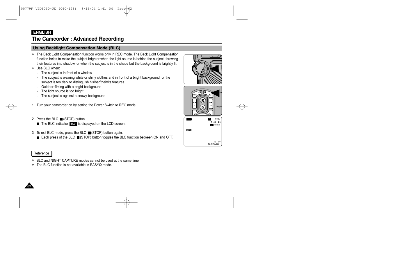Using backlight compensation mode (blc), The camcorder : advanced recording | Samsung SC-D5000-XAC User Manual | Page 62 / 166