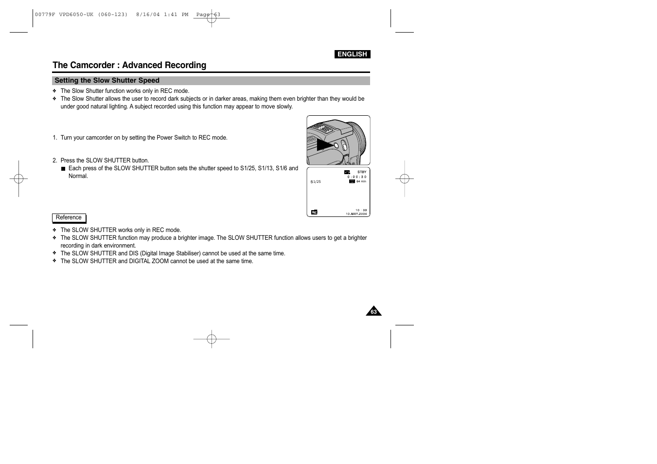 Setting the slow shutter speed, The camcorder : advanced recording | Samsung SC-D5000-XAC User Manual | Page 63 / 166