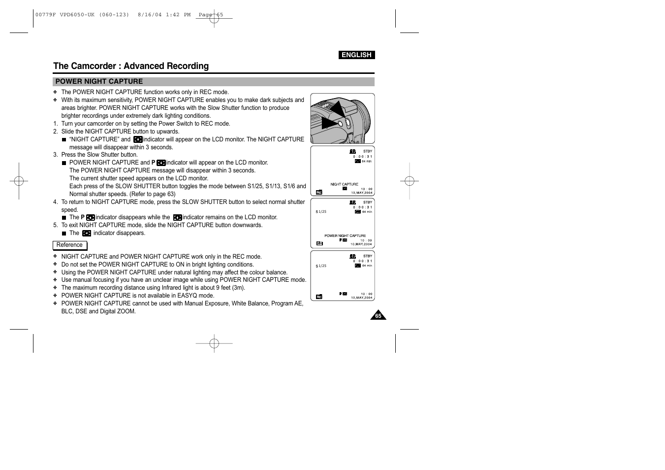 Power night capture, The camcorder : advanced recording | Samsung SC-D5000-XAC User Manual | Page 65 / 166