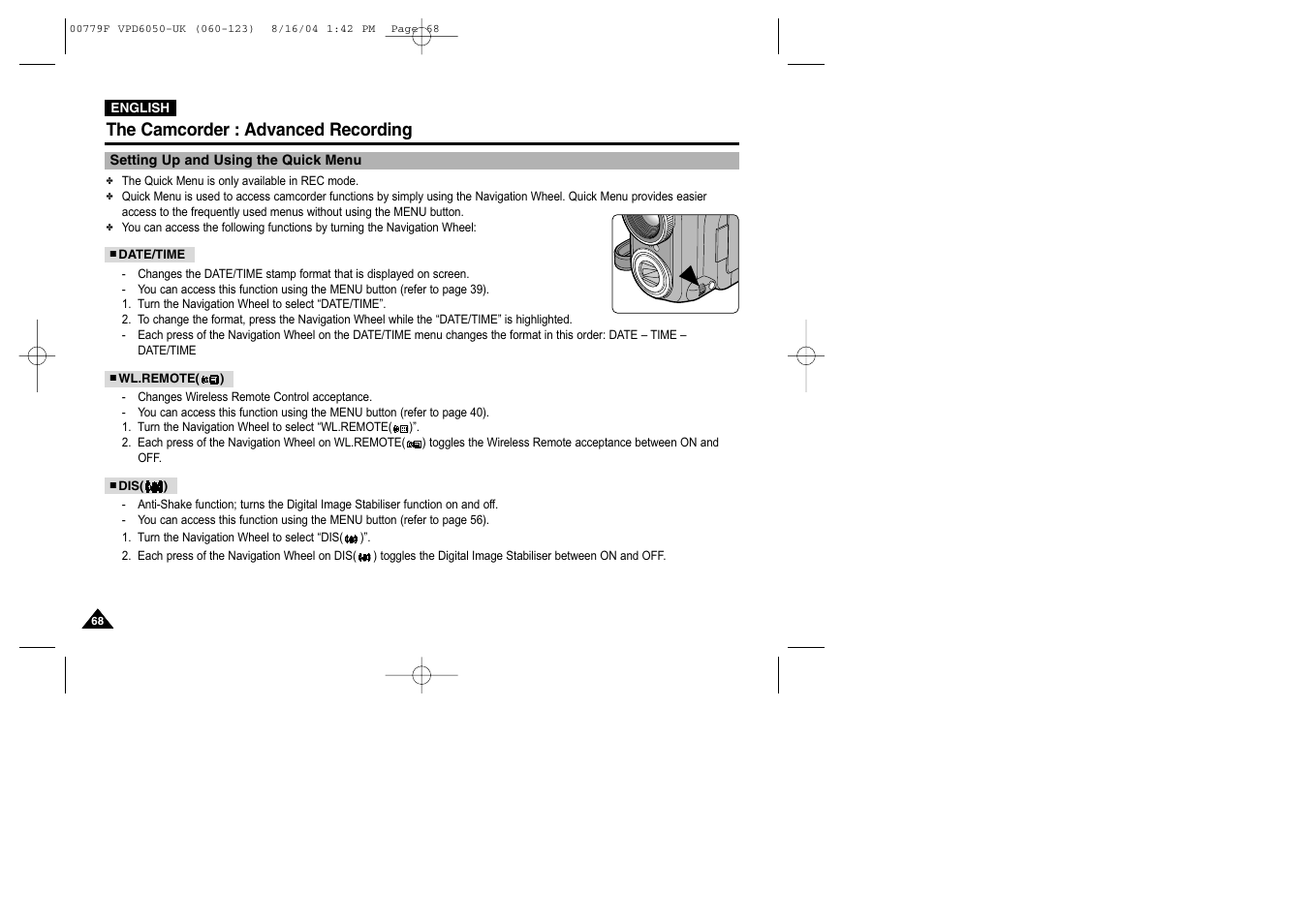 Setting up and using the quick menu, Date/time, Wl.remote | The camcorder : advanced recording | Samsung SC-D5000-XAC User Manual | Page 68 / 166