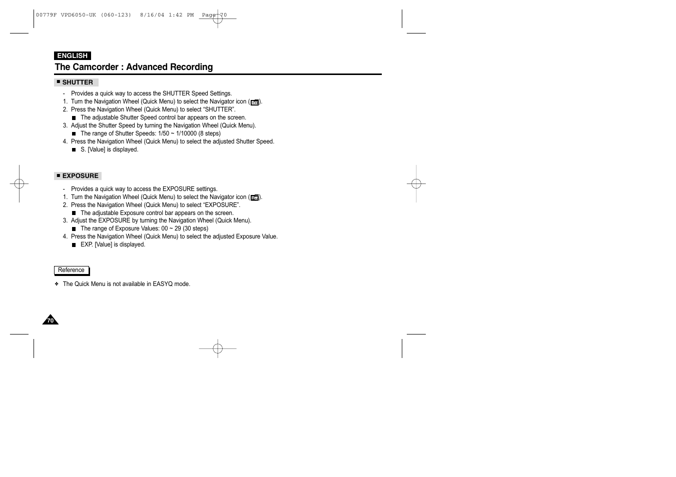 Shutter, Exposure, The camcorder : advanced recording | Samsung SC-D5000-XAC User Manual | Page 70 / 166