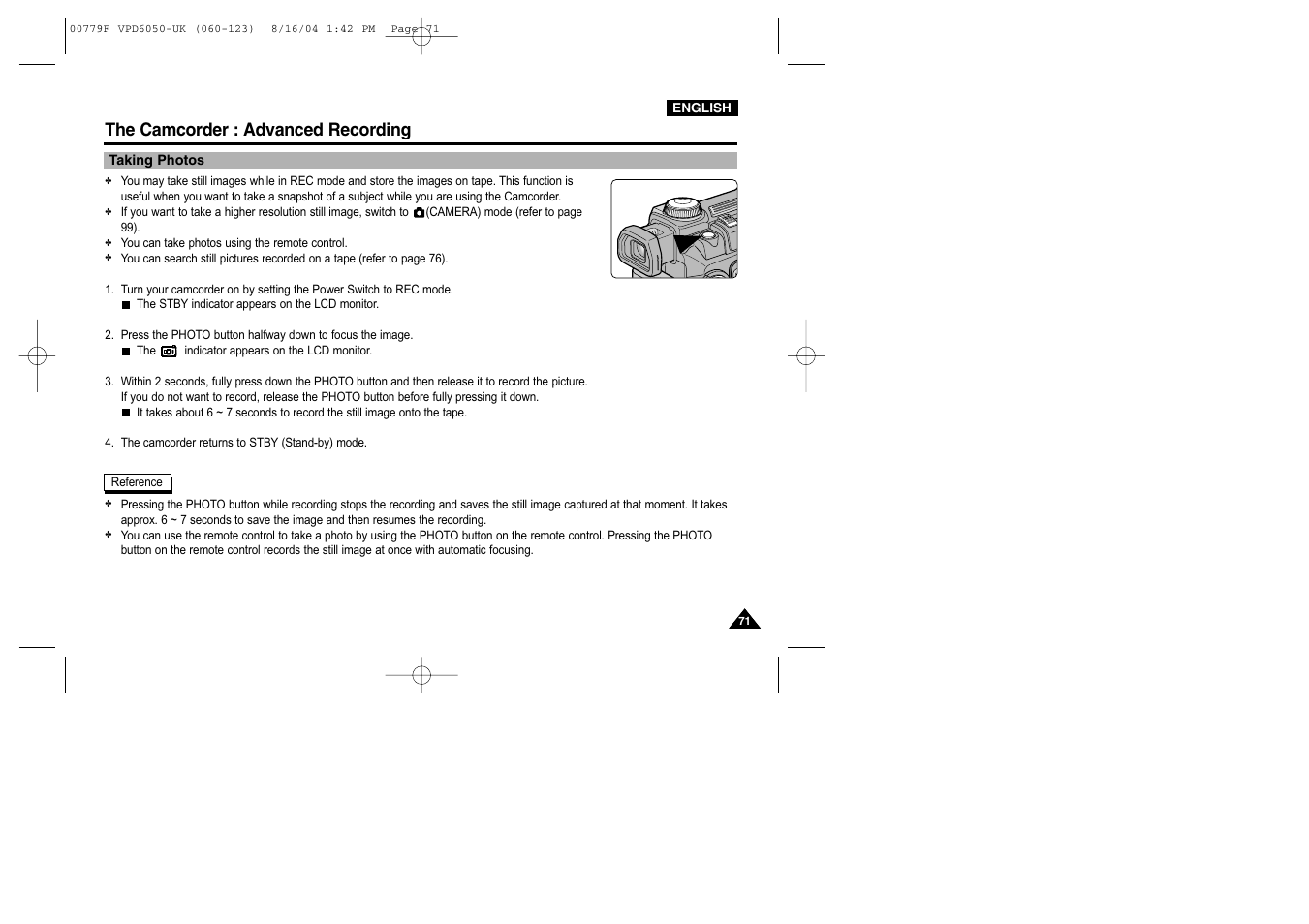 Taking photos, The camcorder : advanced recording | Samsung SC-D5000-XAC User Manual | Page 71 / 166
