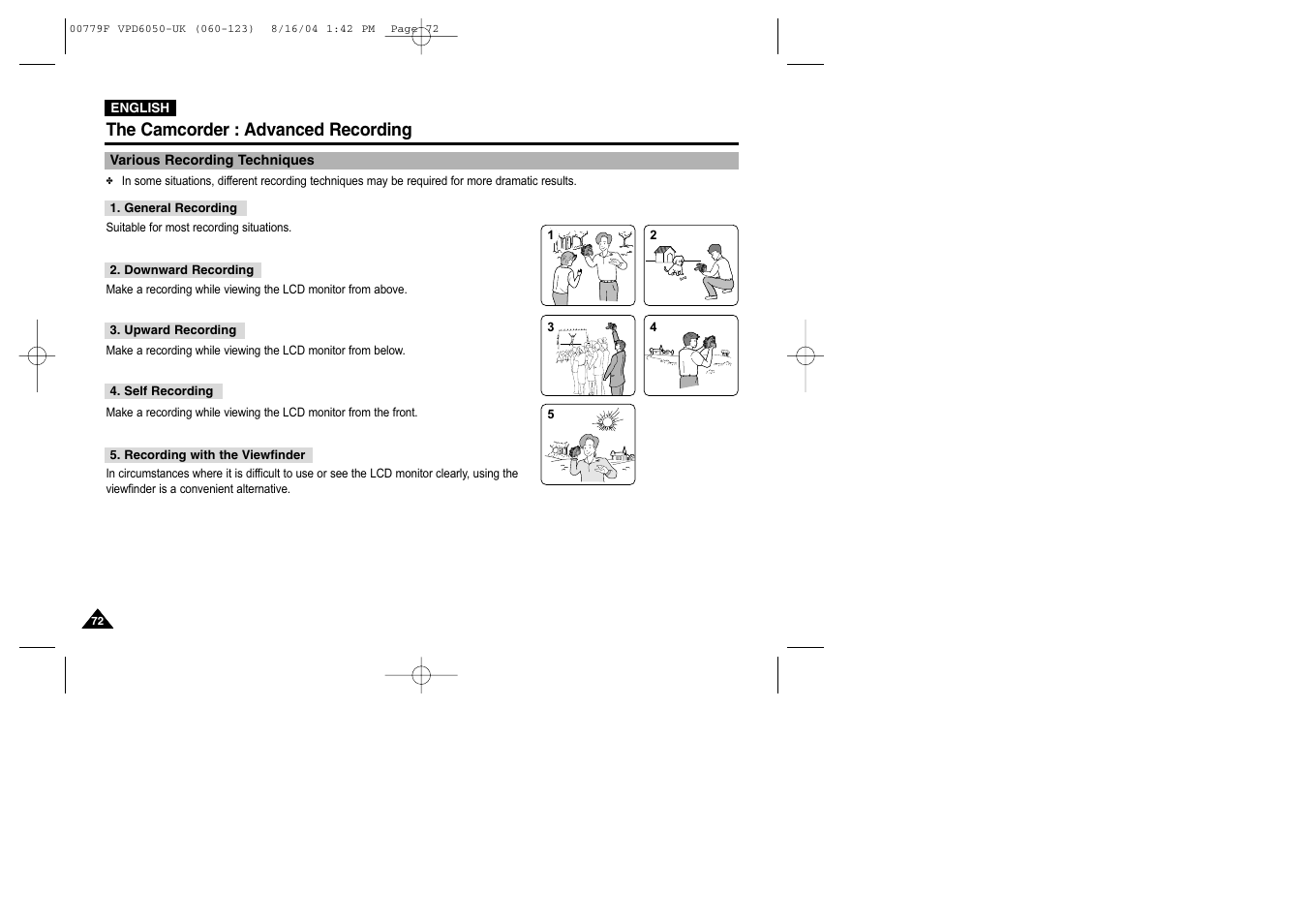 Various recording techniques, The camcorder : advanced recording | Samsung SC-D5000-XAC User Manual | Page 72 / 166